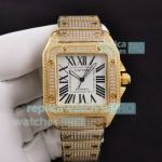 Swiss Cartier Santos Iced Out Replica Yellow Gold Diamond Watch White Roman Dial
